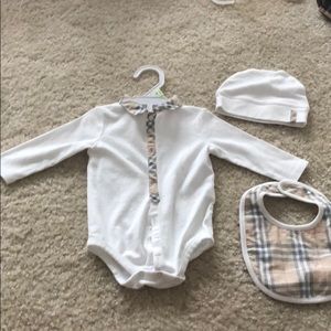Burberry bodysuit, bib, and hat